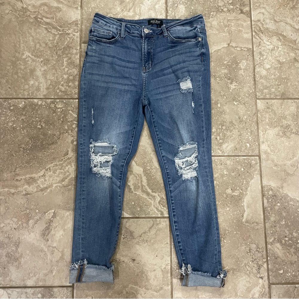 Judy Blue Distressed Skinny Fit Ankle Raw Hem Medium Wash JB8884 sz 30